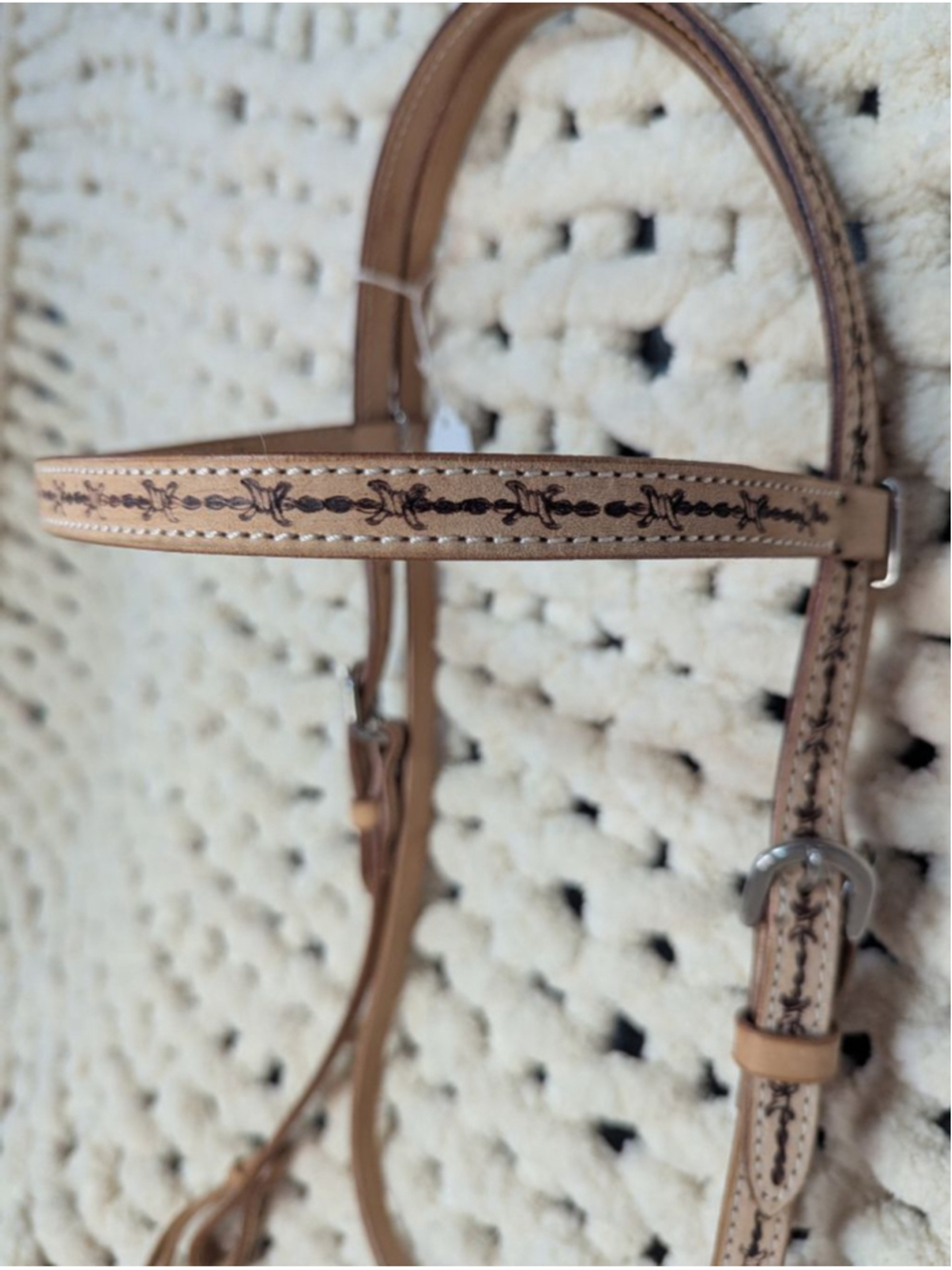Western Browband Headstall Light Oiled Leather Barbed Wire Tooling Horse Tack